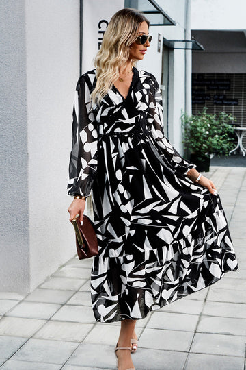 Black Printed Long Sleeves Casual Dress